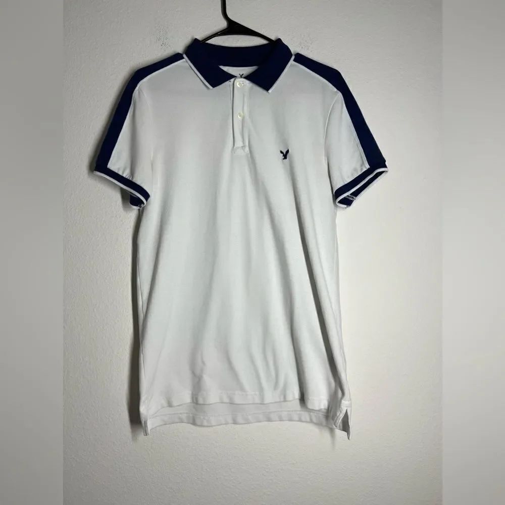 American Eagle Outfitters Polo Shirt Mens S Short Sleeve White Blue Casual